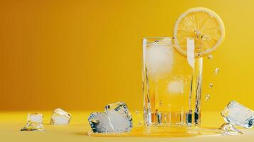 A glass of lemonade with ice cubes on a yellow background photo