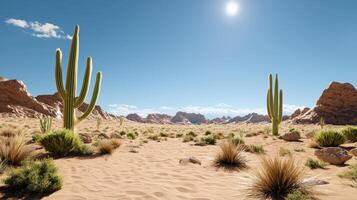 A desert scene with cactus plants and rocks photo