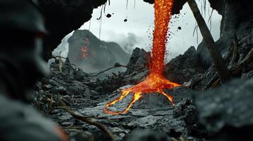 A lava flow is pouring out of a cave photo