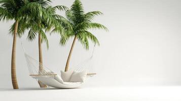 A hammock and palm trees in front of a white wall photo