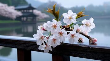 Cherry blossoms on a railing overlooking a lake photo