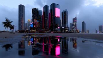 A city with pink lights reflecting in the water photo