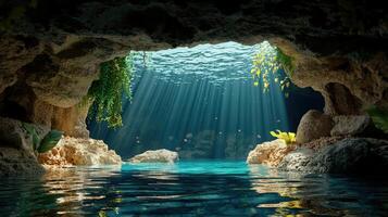 A cave with water and plants in it photo