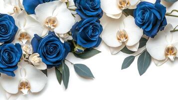 Blue and white roses and orchids on a white background photo