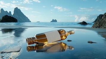 A bottle of alcohol on the beach with rocks in the background photo