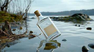 A message in a bottle floating in a lake photo
