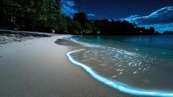 A beach at night with a blue light photo