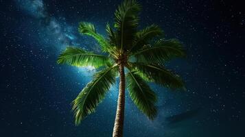 A palm tree in the night sky with stars photo