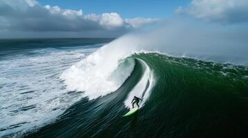 A surfer riding a large wave in the ocean photo