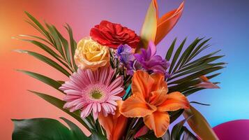 A bouquet of colorful flowers on a colorful background photo