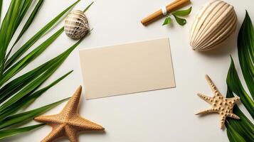 Tropical beach background with palm leaves, starfish and card photo