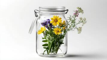 A jar filled with wildflowers on a white background photo