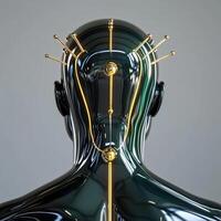 A man's head with a gold and black headpiece photo