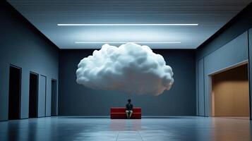 A person sitting on a red couch in an empty room with a cloud above them photo