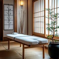 A japanese massage room with a bed and a potted plant photo