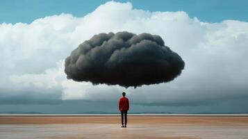 A man standing on a beach with a cloud in the sky photo