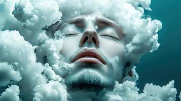 A man is sleeping in the clouds with his eyes closed photo