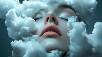 A woman is in the clouds with her eyes closed photo