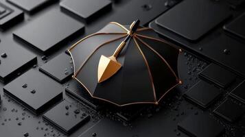 An umbrella with a golden shield on top of a black background photo