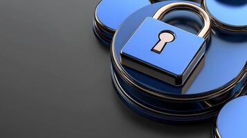 A blue padlock is surrounded by a stack of coins photo