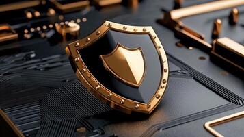 Golden shield on top of a black circuit board photo