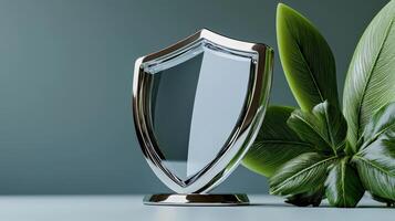 A shield is sitting on top of a green plant photo