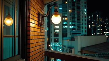 A light is on a brick wall near a window photo