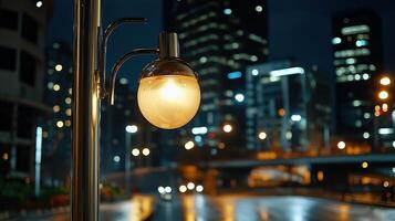 A street lamp is lit up at night photo