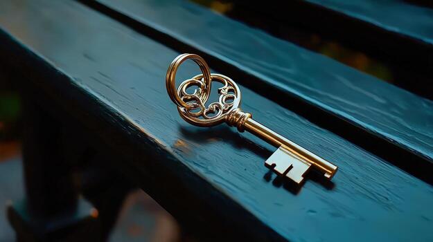 A key is sitting on a bench photo