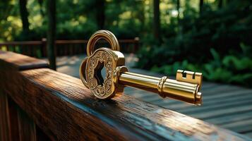 A golden key on a wooden fence photo
