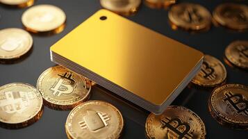 Golden bitcoin card and coins on black background photo