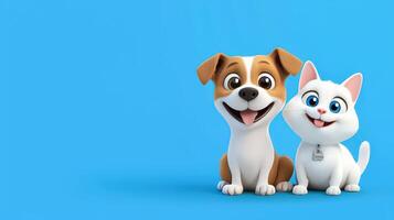 A cartoon dog and cat are sitting together on a blue background photo