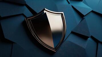 A shield on a blue wall with a black background photo