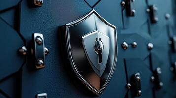 A shield with a key on it is shown on a metal door photo