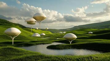 A field of green grass with some white balloons floating in it photo