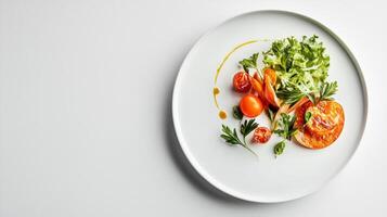 A white plate with vegetables and tomatoes on it photo