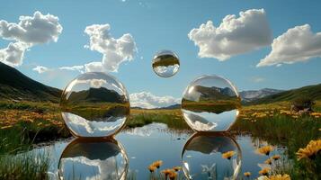 Three glass spheres are floating in a field of flowers photo