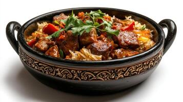 A bowl filled with meat and vegetables on a white background photo