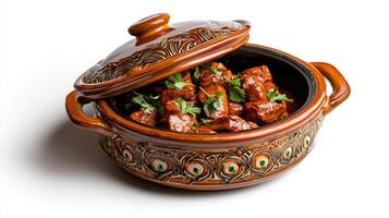 A brown pot with meat and vegetables in it photo