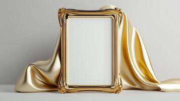Golden frame with silk fabric on a white background photo