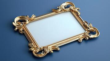 Gold frame on blue background 3d render photo