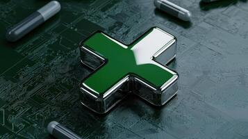 A green plus sign on a computer motherboard photo