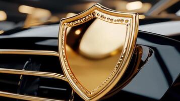 A close up of a gold shield on a black car photo