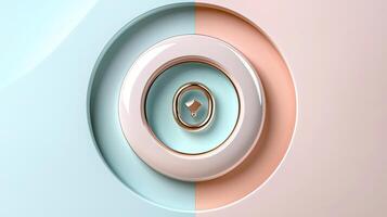 A circular button with a white and blue color photo