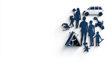 Family and car icons on white background photo