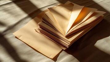 A stack of folded paper on a table photo