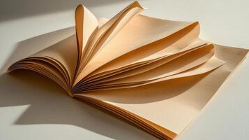An open book with folded pages on a white surface photo