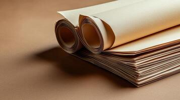 A stack of papers on a brown surface photo