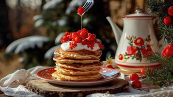 A stack of pancakes with whipped cream and berries photo