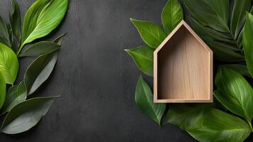 Wooden house with green leaves on black background photo